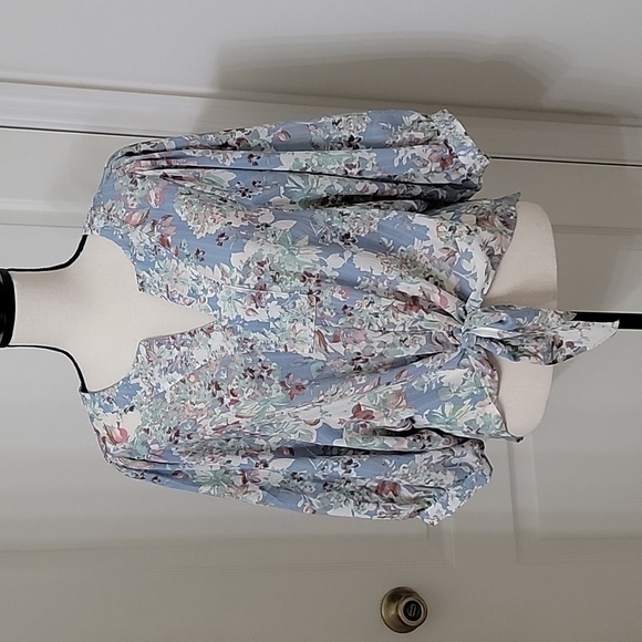 Rose + Olive Size M Muted Blue, Pink, Burgundy & White Floral Tie Front Blouse - Picture 1 of 11